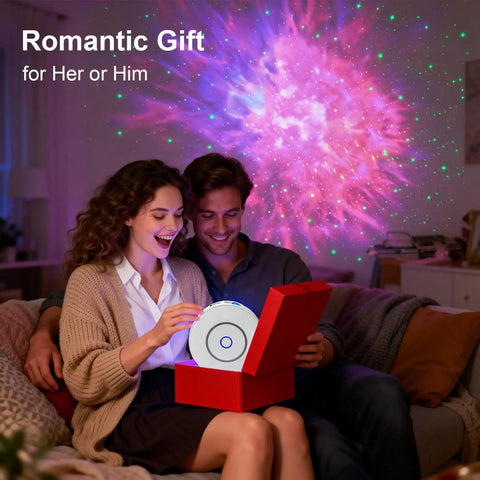 Couple opening gift with Smart Galaxy Star Projector With Nebula Night Light, 16 Million Colors, App And Voice Control, LED projection