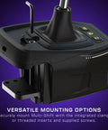 Front view of VelocityOne black multi-shift sim racing shifter and handbrake with base clamp