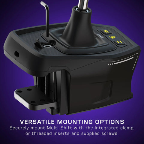 Front view of VelocityOne black multi-shift sim racing shifter and handbrake with base clamp