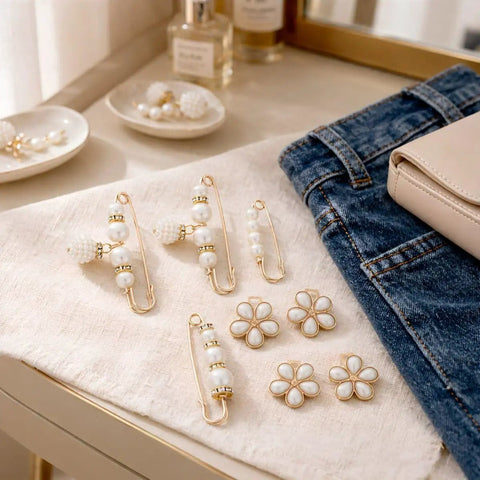 8 Piece Pearl Waist Tightener Pins For Loose Jeans And Pants Belt Alternative Clip Decorative Alloy Brooch on a table with denim