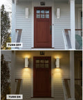 Square Outdoor Wall Light Fixture For Porch And Front Door Modern Exterior Sconce Lighting No Sensor Waterproof Up And Down Exterior Light For Garage White Sanded Finish 2 Pack shown on porch, off and on views.