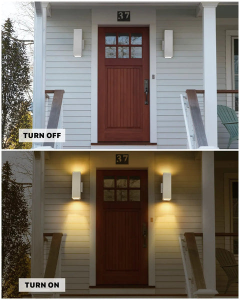 Square Outdoor Wall Light Fixture For Porch And Front Door Modern Exterior Sconce Lighting No Sensor Waterproof Up And Down Exterior Light For Garage White Sanded Finish 2 Pack shown on porch, off and on views.