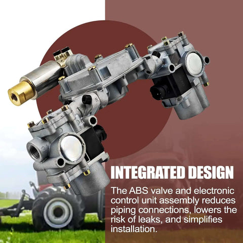 Heavy Duty Rear ABS Modulator Valve and Electronic Control Unit Assembly for 4S 4M and 6S 6M Tractor, 12V ATC, Five Point Five PSI Crack Pressure, Direct Fit Replacement for Heavy Duty Trucks and Farm Equipment 4725002230 S4725002230, shown with integrated design next to tractor.