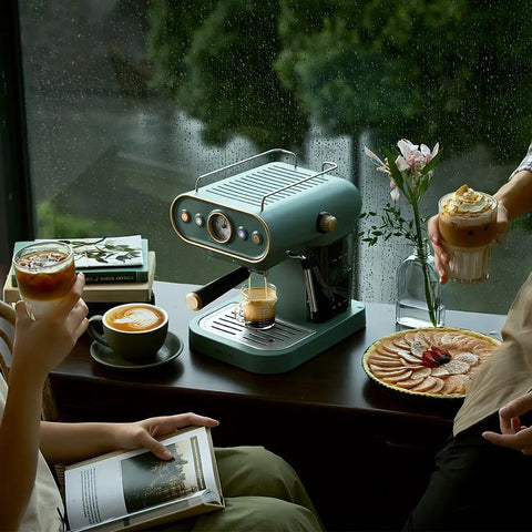 Compact High Pressure Espresso Machine With Steam Frother For Rich Espresso, 15 Bar Pump, in a kitchen setting next to drinks