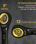 Pro Grade 7/16 Ratchet Wrench With Silky Smooth 72 Tooth Gears And Rock Solid Cr-V Construction Featuring A Heavy Duty Black Finish, showing 12 point box end and 5 degree swing.