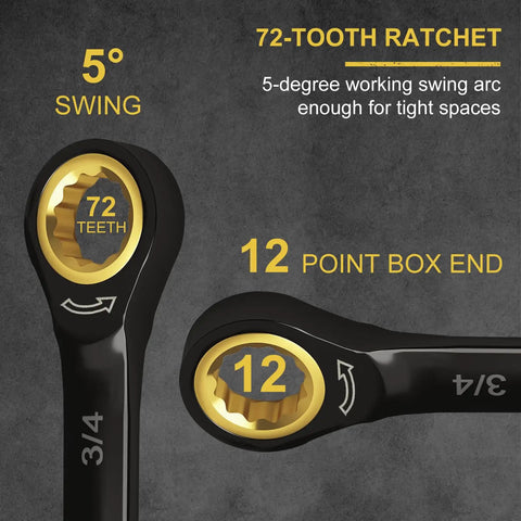 Pro Grade 7/16 Ratchet Wrench With Silky Smooth 72 Tooth Gears And Rock Solid Cr-V Construction Featuring A Heavy Duty Black Finish, showing 12 point box end and 5 degree swing.