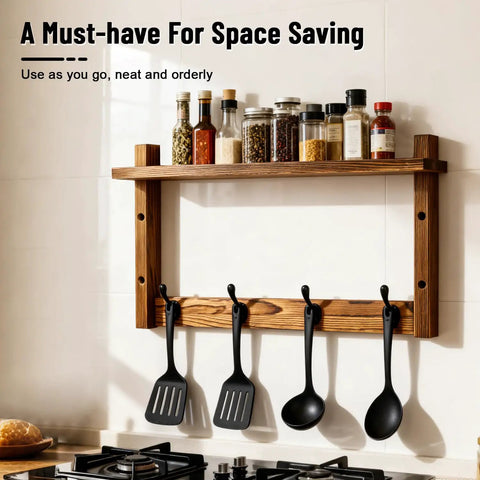 Kitchen wall rack with wooden shelf holding spices, hooks beneath for hanging spatulas, enhancing space saving efficiency.