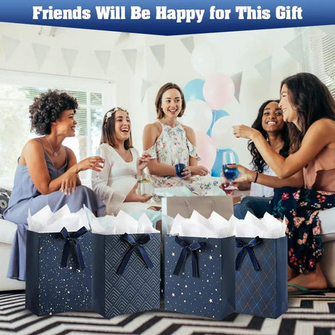 Four Pack 9 Inch Gift Bags In Premium Blue With Tissue Paper Medium Size 7x4x9 Inches Great For Birthdays Baby Showers