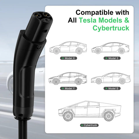Road Trip Ready Portable EV Charger With 32 Amp Level Two Fast Charge Power Via 240 Volt NEMA 14-50 Socket For Tesla Models S X 3 Y And All NACS Rides Built Tough Plug And Play Ease showing charging connector compatibility.