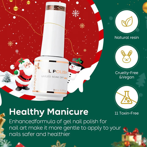 HEMA Free Cruelty Free Vegan Christmas Gel Nail Polish Kit bottle, 8ml, with holiday decor background