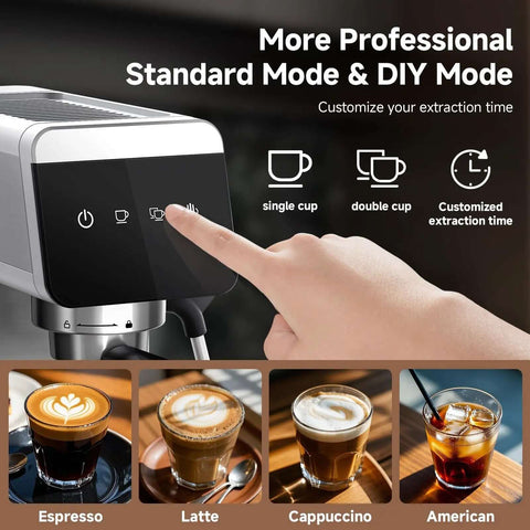 Espresso Coffee Machine With 20 Bar Pressure, LED Touch Screen showing coffee selection, images of espresso, latte, cappuccino, American