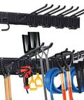 32 Inch Adjustable Garage Tool Storage Rack Wall Mounted Organizer With 8 Pieces And 6 Hooks displaying shovels and tools
