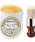 Solid Eight Ounce Leather Repair Balm And Detail Brush Kit with brush next to jar, for repairing couches and car interiors.