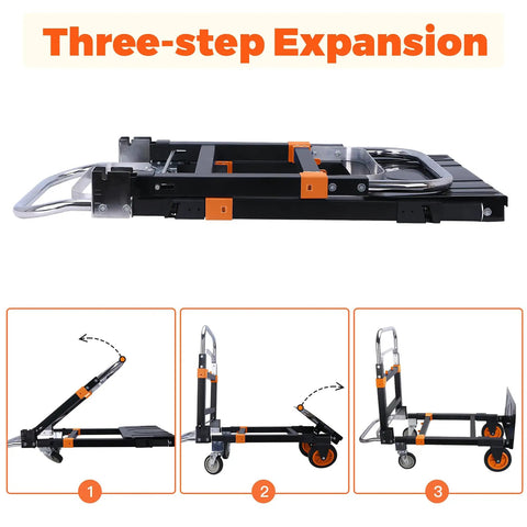 3 In 1 Folding Dolly Cart With Wheels Heavy Duty Hand Truck For 600 Lb Loads, Collapsible With Retractable Handle And Two Straps, Converts To Two Wheel Or Four Wheel Trolley For Warehouse, Home Or Office Use, three-step expansion