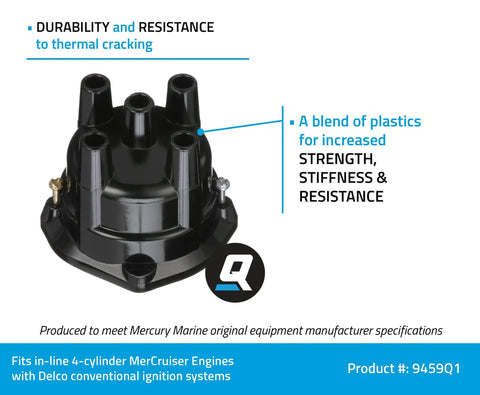 Distributor Cap for MerCruiser Marine Engines with Conventional Ignition Systems, PBT PET Blend, Brass Inserts for Corrosion Resistance