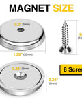 Eight 1.26-inch diameter stainless neodymium round base cup magnets with countersunk holes and screws (front/side views).