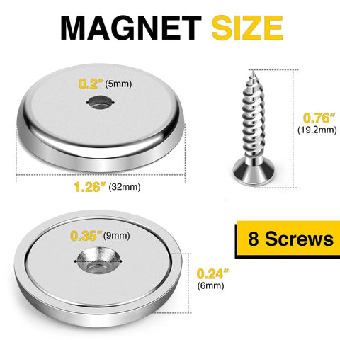 Eight 1.26-inch diameter stainless neodymium round base cup magnets with countersunk holes and screws (front/side views).
