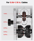 Diagram of 250W Automatic Wire Stripper Machine With Adjustable Speed For 0.06 To 1.18 Inch Cables, showing cable size adjustments.