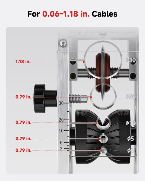 Diagram of 250W Automatic Wire Stripper Machine With Adjustable Speed For 0.06 To 1.18 Inch Cables, showing cable size adjustments.