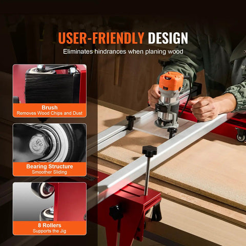 Router Sled 60 Inches Portable And Adjustable Slab Flattening Jig in use with focus on brush, bearing structure, and rollers