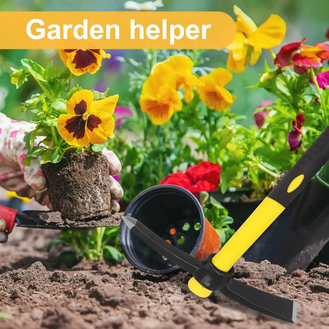 Three Pack 15 Inch Garden Pick Axes With Fiberglass Handles, Double Head Cast Steel Heads For Gardening, Camping, Prospecting, And Outdoor Activities next to plants being planted in garden soil
