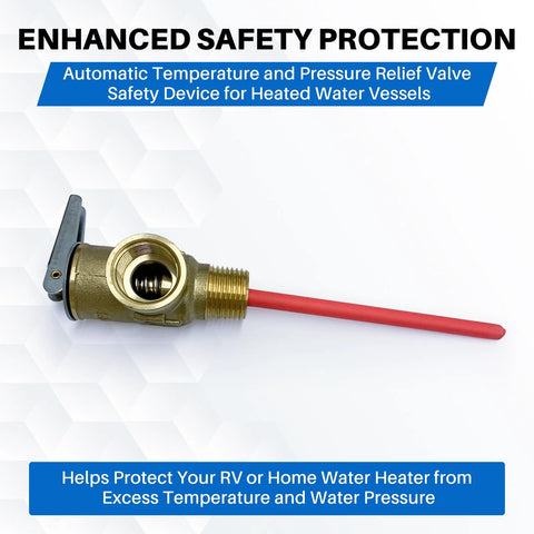 Side view of brass 1/2 in NPT temperature and pressure relief valve with red probe tube