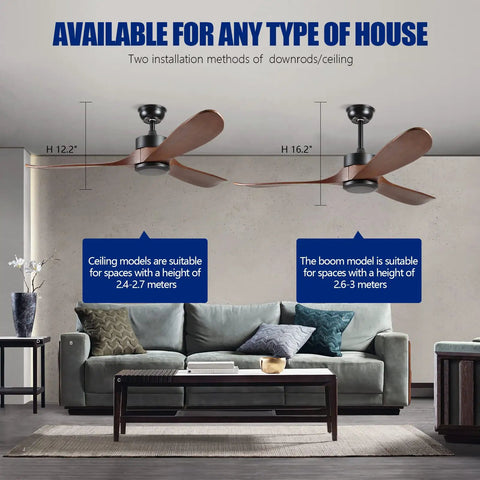 52 Inch Outdoor Ceiling Fan Without Light With 3 Solid Wood Blades, Remote Control, shown installed in a living room setting