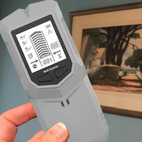 Wall Stud Finder LCD Display Audio Alarm Leveler Detector Tool held in hand, showcasing screen interface and scanning modes.