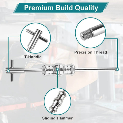 Tough-As-Nails 9-Piece Heavy-Duty Slide Hammer Puller Set showcasing T-handle, precision thread, and sliding hammer features.