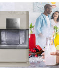 Cream Countertop Nugget Ice Maker With Visible Window And Sleek Touchscreen cranking out soft sonic ice beside beverages.