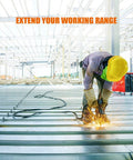 Worker using Heavy Duty 25 Ft Welding Extension Cord 8 AWG Copper 40A 250V Lighted End NEMA Six Fifty Style in weld shop