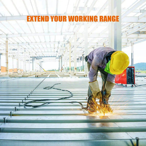 Worker using Heavy Duty 25 Ft Welding Extension Cord 8 AWG Copper 40A 250V Lighted End NEMA Six Fifty Style in weld shop