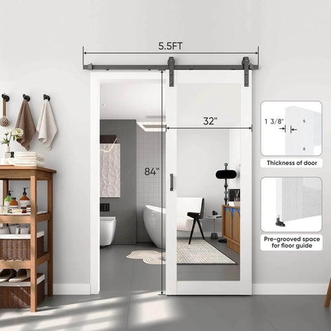 32 Inch By 84 Inch Mirror Barn Door With 5.5 Foot Sliding Hardware Kit Included No Assembly Required White One Lite Full Length Mirror Door Built Tough Solid Wood With Waterproof PVC Surface installed