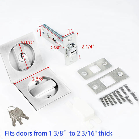 Pocket Door Lock With Key For Hidden Barn Doors, Recessed Two Sided Latch, Modern Square Sliding Design Brushed Nickel components