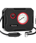 Ultra Portable 12V Tire Inflator Air Compressor With Digital Gauge And LED Light For Cars, Motorcycles, And Bicycles, shown with adapter and hose
