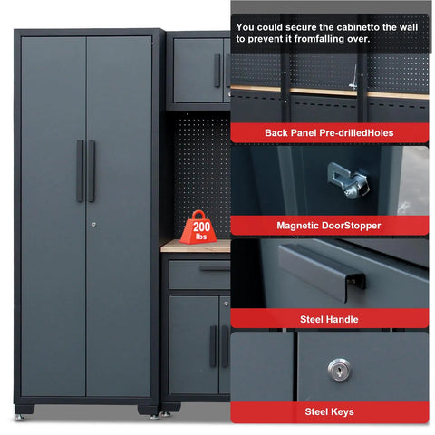 9 Piece Garage Storage Cabinet System With Locking Steel Cabinets, Locker Units, Black Steel with Grey Handles, Pegboard