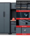 9-Piece Garage Storage Cabinet System With Corner Cabinet, Workbench, Pegboard And Roller Drawers For Tool Organization in Black and Gray showing steel handle and keys.
