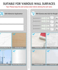 Image showing installation options for Heavy Duty Wall Mount Mop And Broom Holder 2 Pack with adhesive and screw for various surfaces.