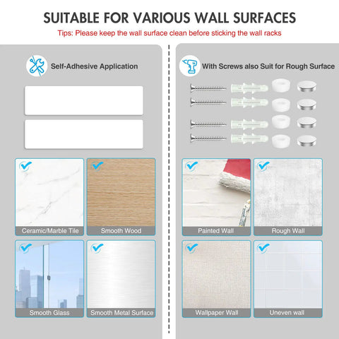 Image showing installation options for Heavy Duty Wall Mount Mop And Broom Holder 2 Pack with adhesive and screw for various surfaces.