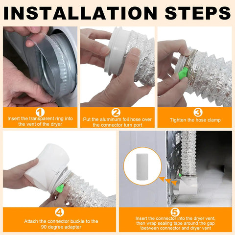 Installation guide for Flexible 4 Inch Dryer Vent Hose Kit with double 90 degree elbow, showing easy steps for setup.