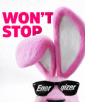 Cute pink rabbit wearing sunglasses promotes batteries with the slogan "Won't Stop" for long-lasting energy.