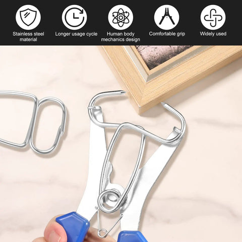 Woodworking Miter Spring Clamps Kit With Spring Loaded Pliers, 21 Miter Clamps For Picture Frames Wood Trim And Moldings, Includes One Storage Ring, Adjustable 0 To 2 Inch Clamp Range shown clamping a wooden frame