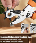 Heavy Duty Revolving Punch Plier Kit With Five Replaceable Bases And Six Punch Heads for leather crafting.
