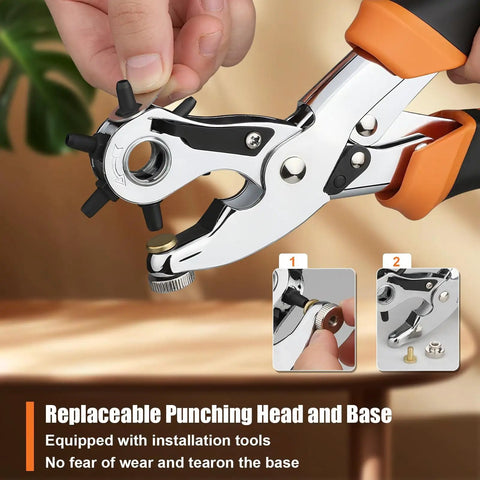Heavy Duty Revolving Punch Plier Kit With Five Replaceable Bases And Six Punch Heads for leather crafting.