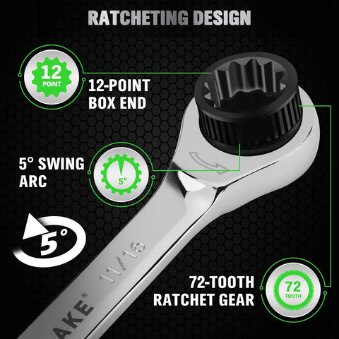Beast 24-Piece Ratchet Wrench Set showing 12-point box end and 72-tooth ratchet gear on a chrome vanadium steel wrench.