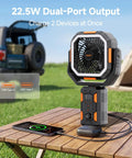 Portable Camping Fan With Adjustable Height Stand 20000mAh Rechargeable Battery Remote LED Light on outdoor table.
