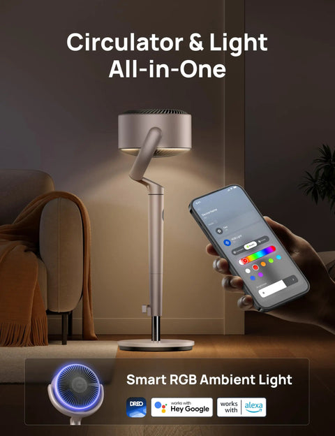 Smart Bedroom Floor Fan With Wi Fi Voice Control, 120 Degree Omni Directional Oscillation, RGB Light, phone app control displayed