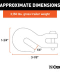 Approximate dimensions of Heavy Duty 1/4 Inch Forged Steel Clevis Grab Hook Rated For 3150 Lbs Work Load With 3/8 Inch Safety Chain Clevis Pin.