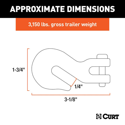 Approximate dimensions of Heavy Duty 1/4 Inch Forged Steel Clevis Grab Hook Rated For 3150 Lbs Work Load With 3/8 Inch Safety Chain Clevis Pin.
