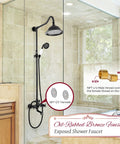 Oil Rubbed Bronze Shower Faucet Fixture With 8 Inch Rain Shower Head Dual Knob Control Triple Function Tub Spout 12 Inch Extension Included Durable Brass 3 In 1 Diverter Mixer Valve installed in modern bathroom with tiled walls